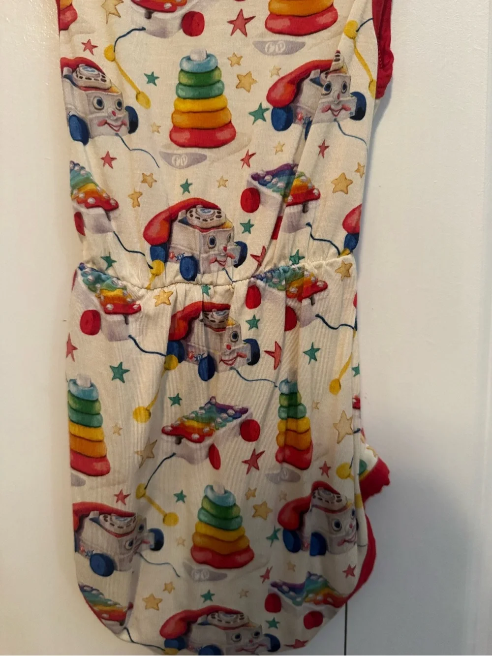 Posh Peanut Fisher-Price White Romper with Red Trim and Multicolor Toy Print